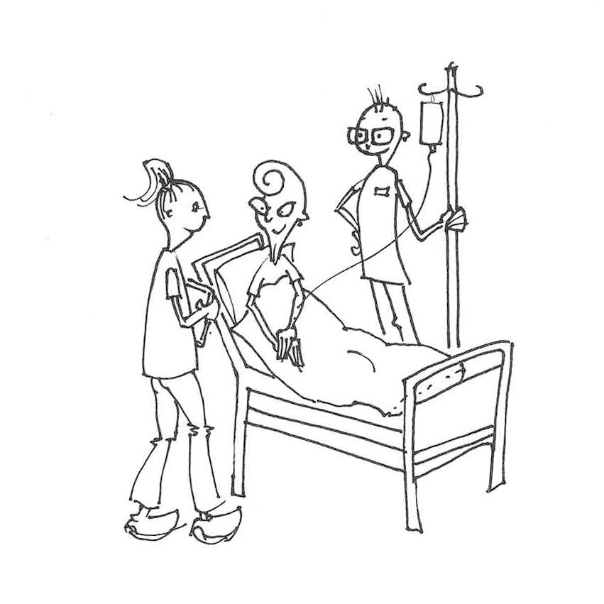 Tegning Heidi Skjerven/Illustrasjon over kommunikasjon ved behandling av pasient.