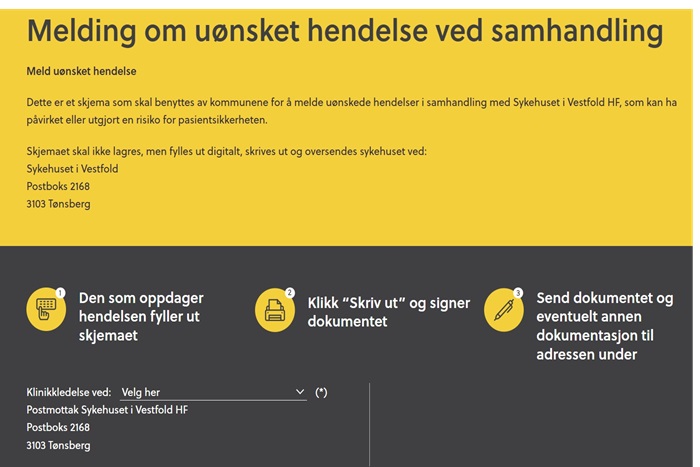 Utklipp av det digitale skjemaet som skal brukes for å melde uønsket hendelse.