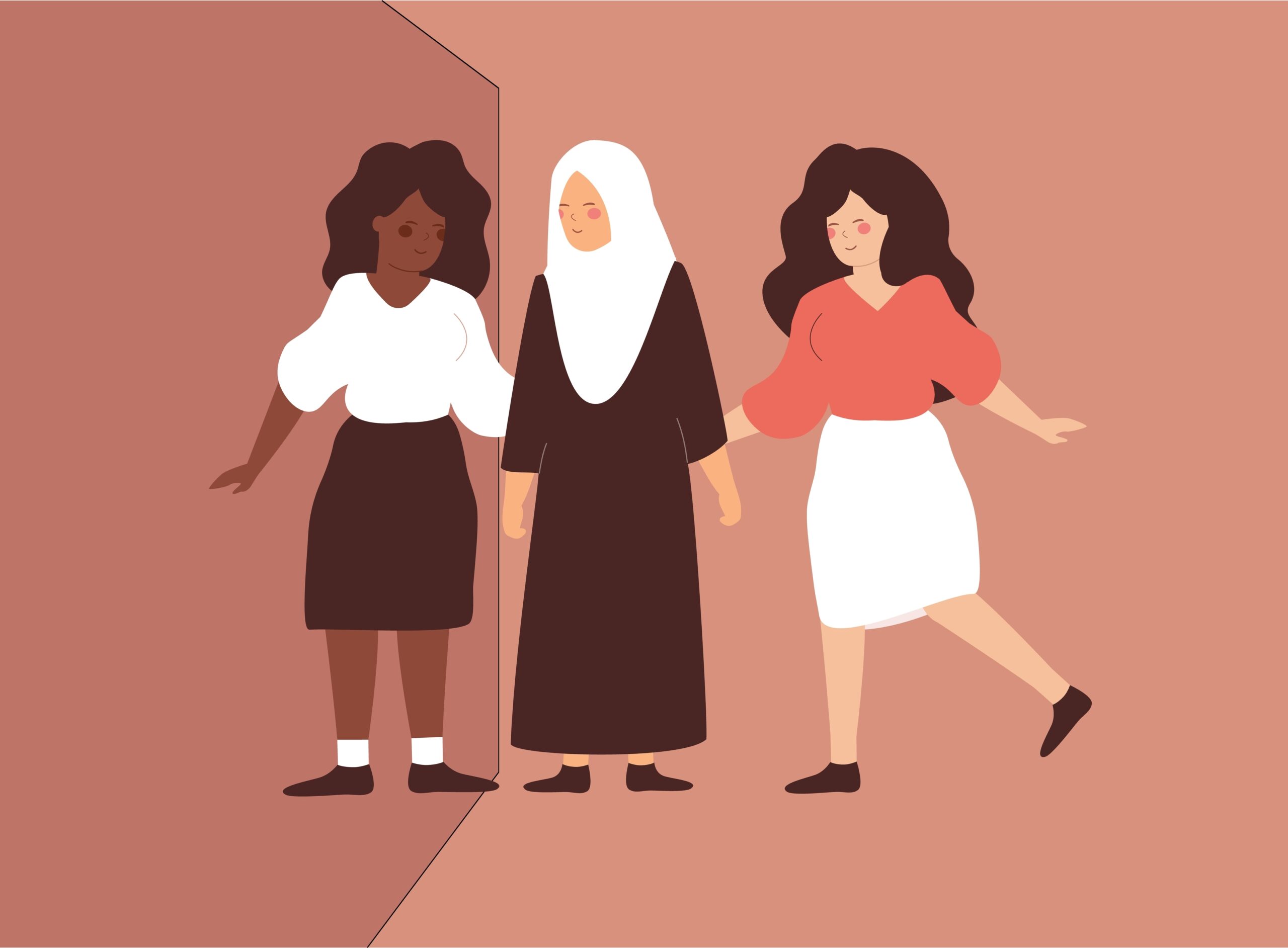 A,Group,Of,Multicultural,Women,Forms,A,Community,To,Support Illustrasjon av minioritetskvinner som leier hverandre, eldre og yngre. Rødlig bakgrunn
