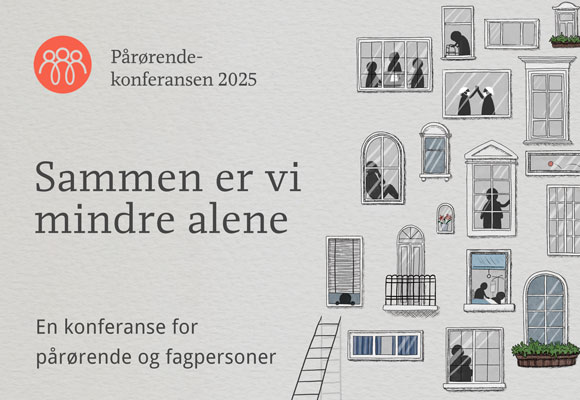 Illustrasjon av arrangement Pårørendekonferansen. Mange vinduer med ulike mennesker innenfor.