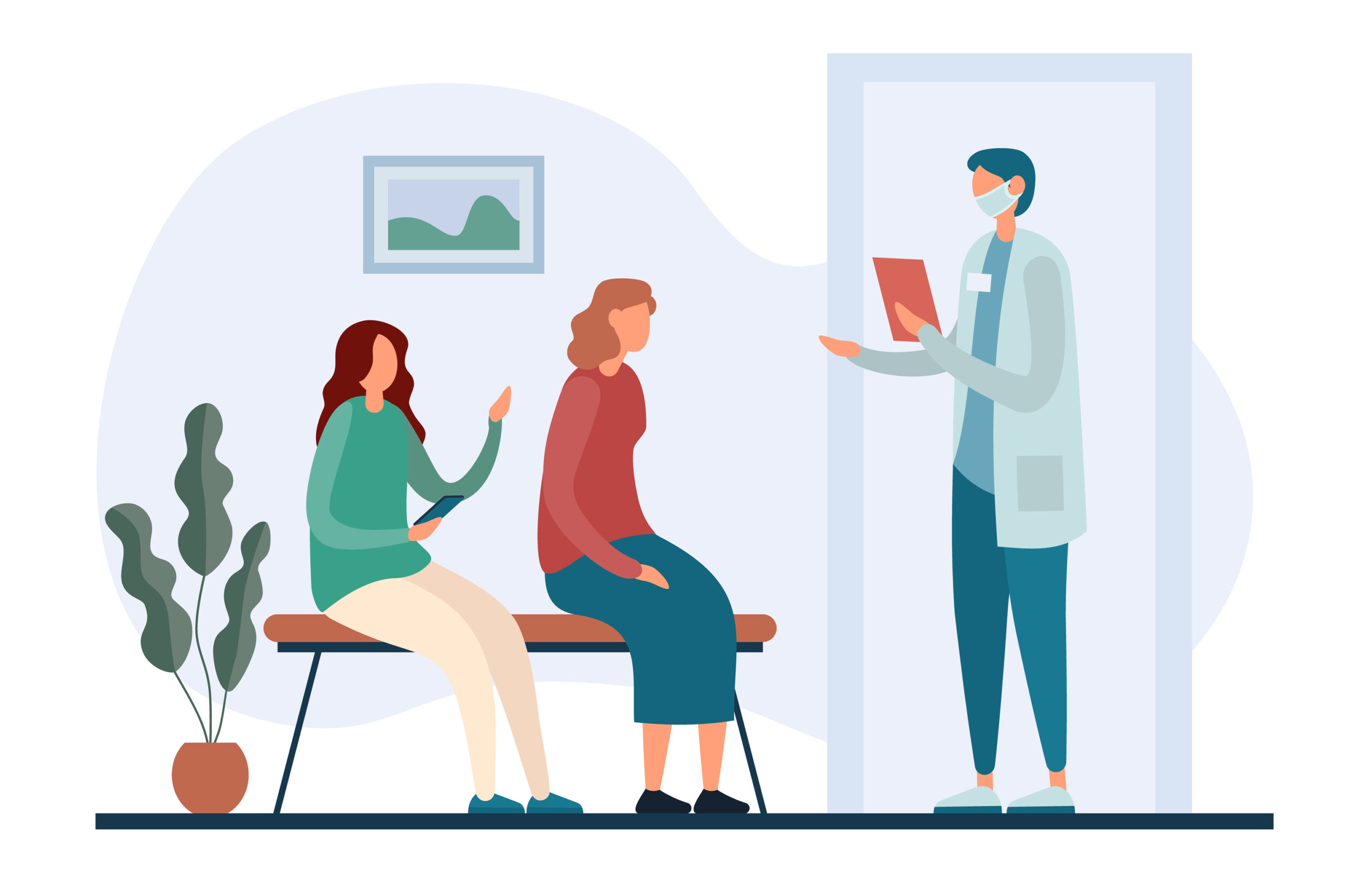 Medical,Practitioner,In,Mask,Calling,Out,Name,And,Inviting,Patient Illustrasjon som referer til ventetid, venterom på legekontor
