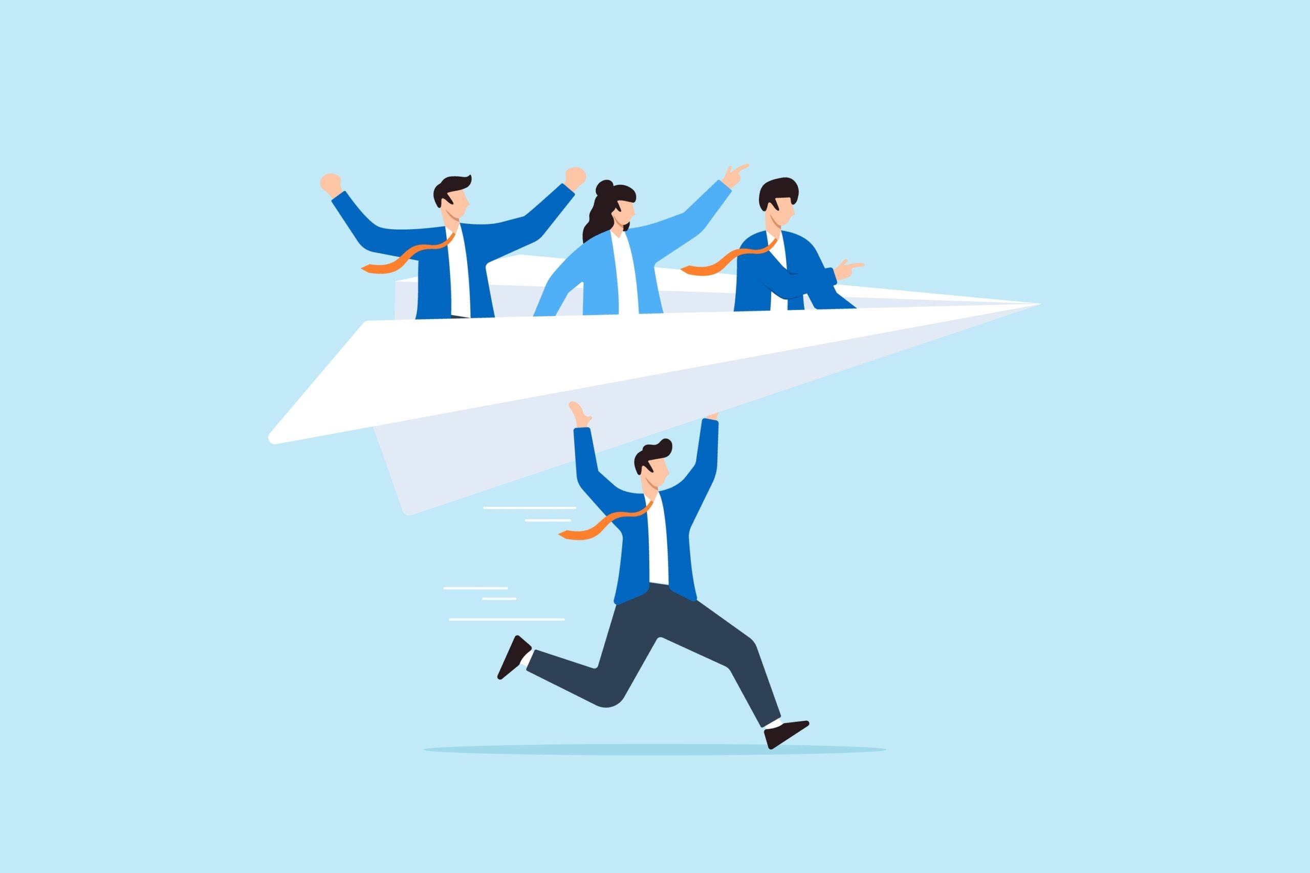 Businessman,Manager,Supporting,Launch,Paper,Plane,Origami,With,Team,Colleagues illustrasjon som referer til veiledning. En person bærer et papirfly hvor det sitter kollegaer. Voldsom fart!