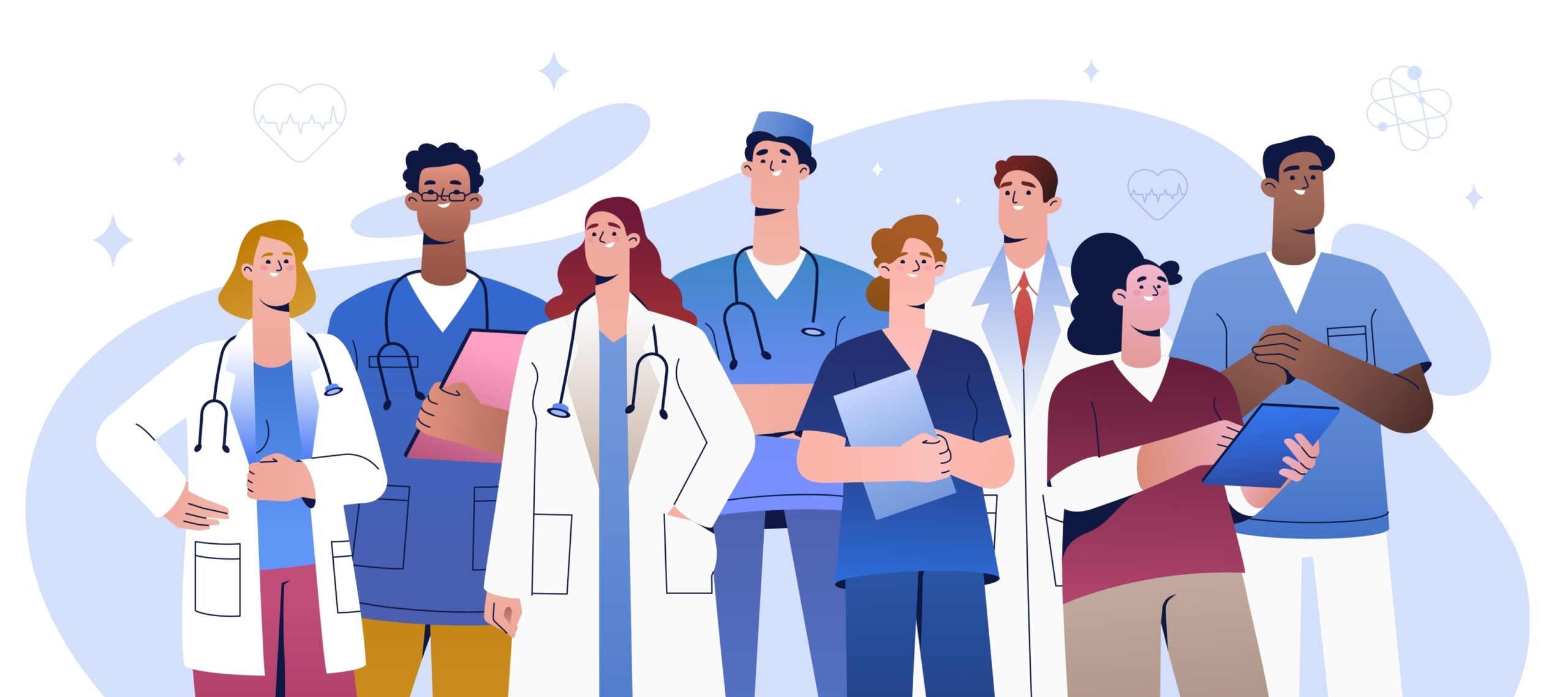 Group,Of,Happy,Doctors,Or,Medical,Team,In,Hospital.,Multiethnic illustrasjon som viser til diverse helsepersonell