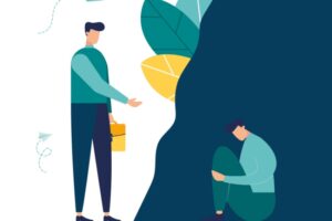Illustrasjonsbilde av ung mann sittende omkranset av mørke farger og annen mann på andre siden som holder ut en hånd, omkranset av lyse farger og blader. Ment å illustrere terapeutisk hjelp.
