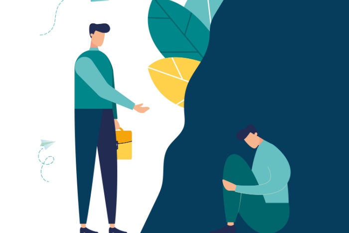 Illustrasjonsbilde av ung mann sittende omkranset av mørke farger og annen mann på andre siden som holder ut en hånd, omkranset av lyse farger og blader. Ment å illustrere terapeutisk hjelp.