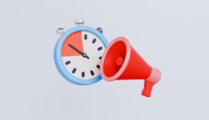 Illustrasjonen viser en megaphone og en klokke.