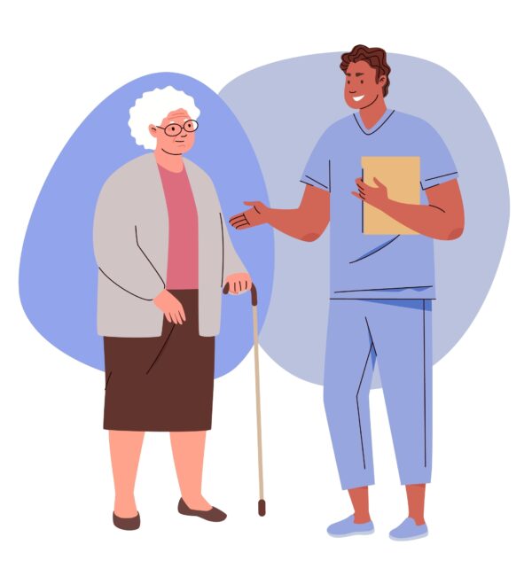 Geriatrisk pasient, eldre dame, står ovenfor helsepersonell og blir forklart noe. Tegning, illustrasjon