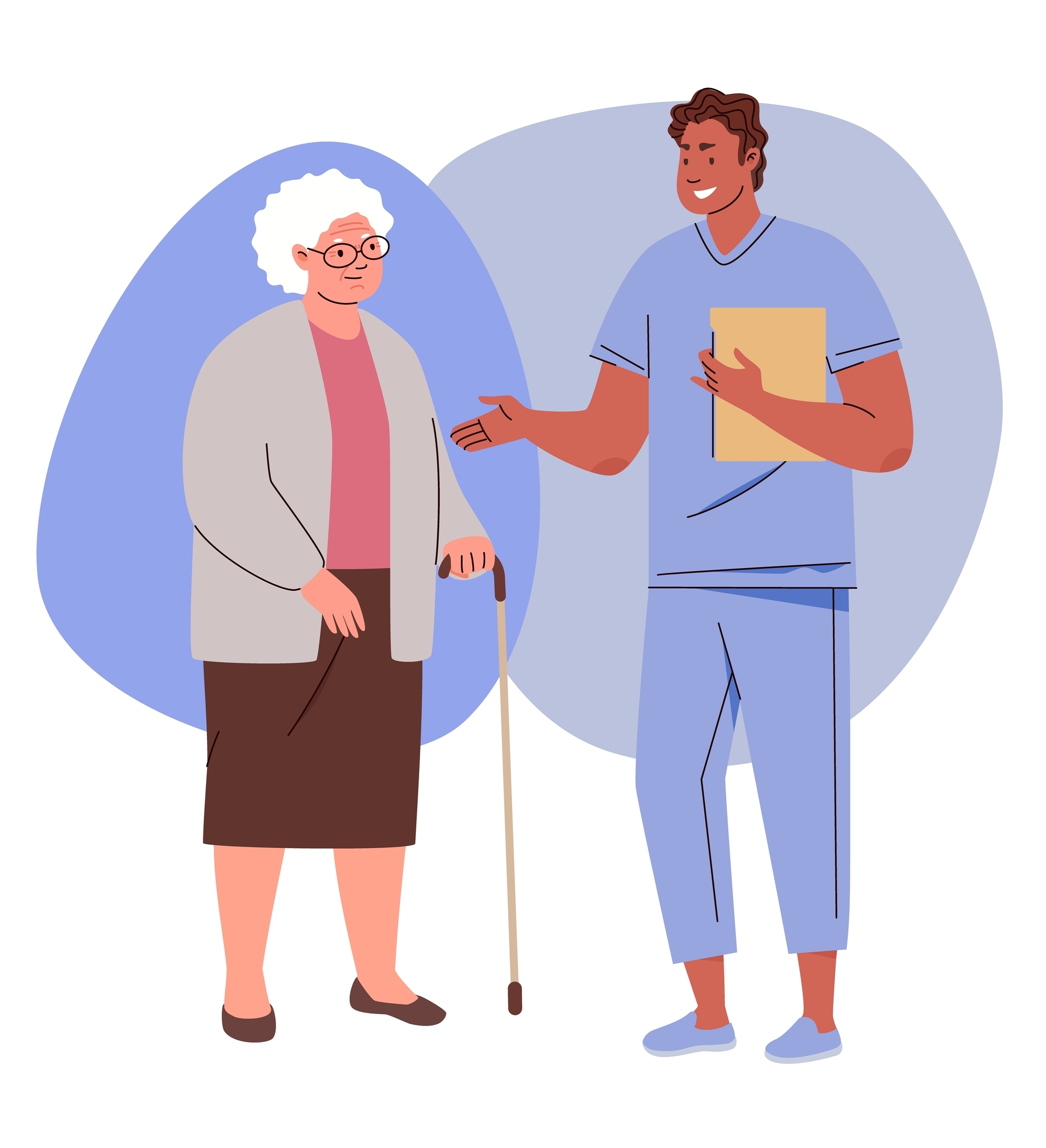 Elderly,Woman,And,Doctor.,Physician,Consults,Patien.,Concept,Of,Geriatric Geriatrisk pasient, eldre dame, står ovenfor helsepersonell og blir forklart noe. Tegning, illustrasjon