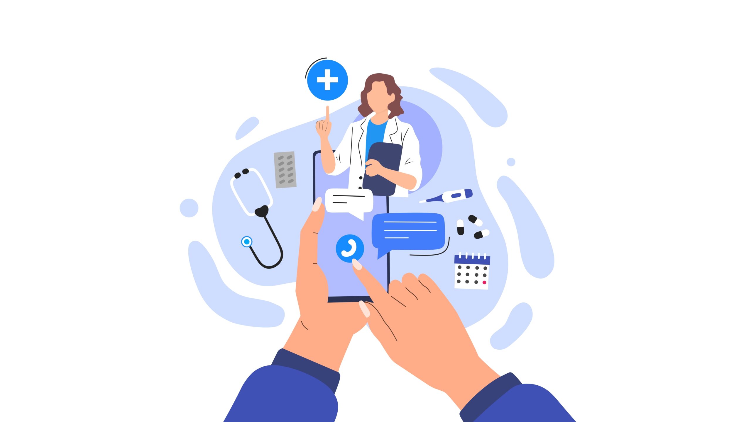 Health,And,Medical,Concepts,,Quality,Of,Life,Consultants,,Online,Doctors illustrasjon som viser til digital hjemmeoppfølging, i dialog med lege over telefon/digitalt. Hånd som hålder telefonen med en lege på skjermen