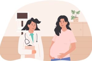Illustrasjonsbilde av gravid kvinne i samtale med kvinnelig lege.