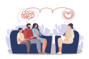 Illustrasjon av samtale mellom en familie på tre på den ene siden og en veileder som lytter og veileder familien i en vanskelig situasjon.