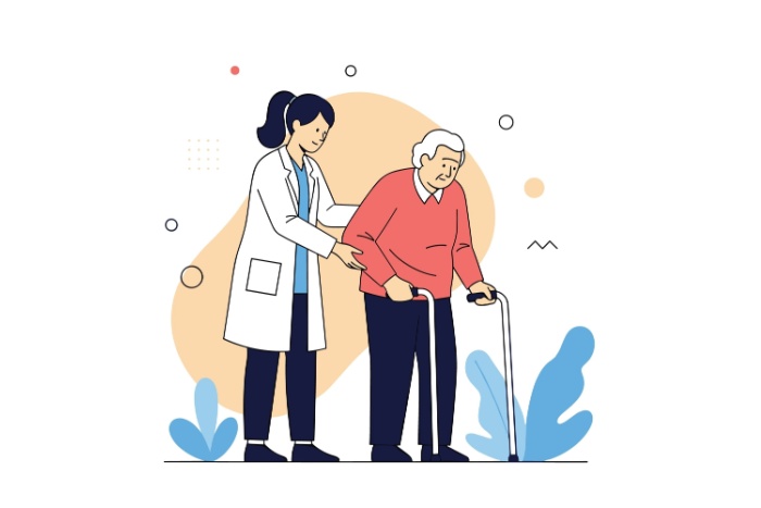 Shutterstock_2645992047 Fargetegning av helsepersonell med hvit frakk som går sammen med eldre person med gåstol