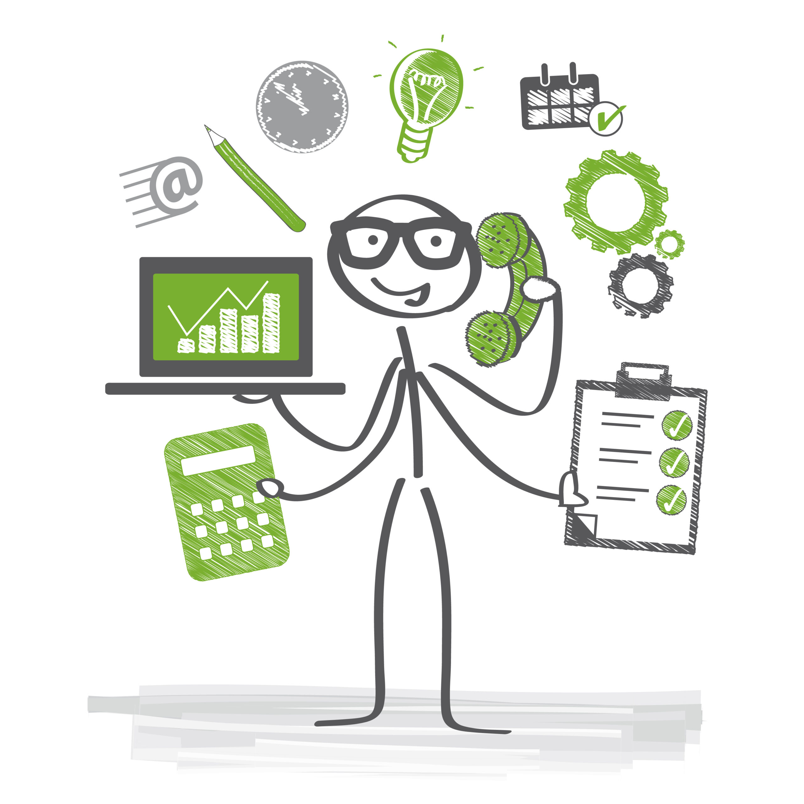 Human,Multitasking,Is,The,Apparent,Performance,By,An,Individual,Of tegning av strek-person med flere armer som holder kalkulator, telefon, laptop, skjema og diverse