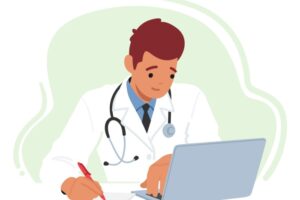 Illustrasjonsbilde av smilende mannlig lege som sitter og ser på en laptop vendt mot seg.