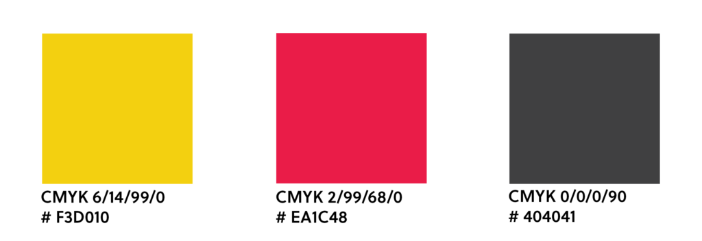 Kompetansebroen primærfarger. Gul: CMYK 6/14/99/0 #F3D010 Rød: CMYK 2/99/68/0 #EA1C48 Sort: CMYK 0/0/0/90 #404041
