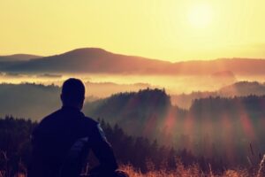 Turgåer som sitter og ser utover utsiktspunkt over skogen med solen som lyser imot