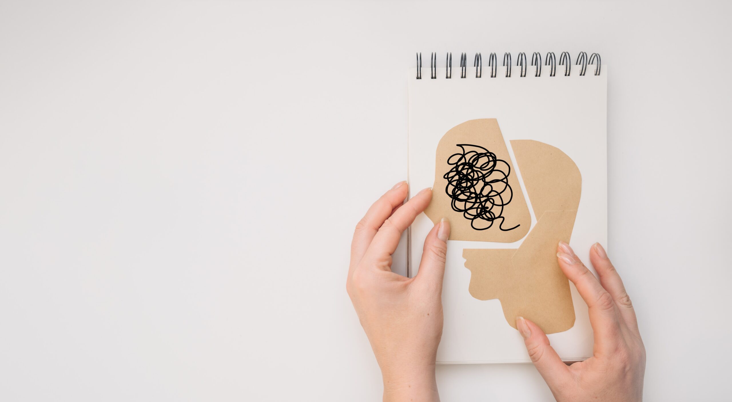 Mental,Health,Mental,Psychological,Stress,Management,And,Psychological,Trauma,Health. Fotografi av hender som plasserer en illustrasjon av et hode i profil, med kluss på innsiden. Grå bakgrunn