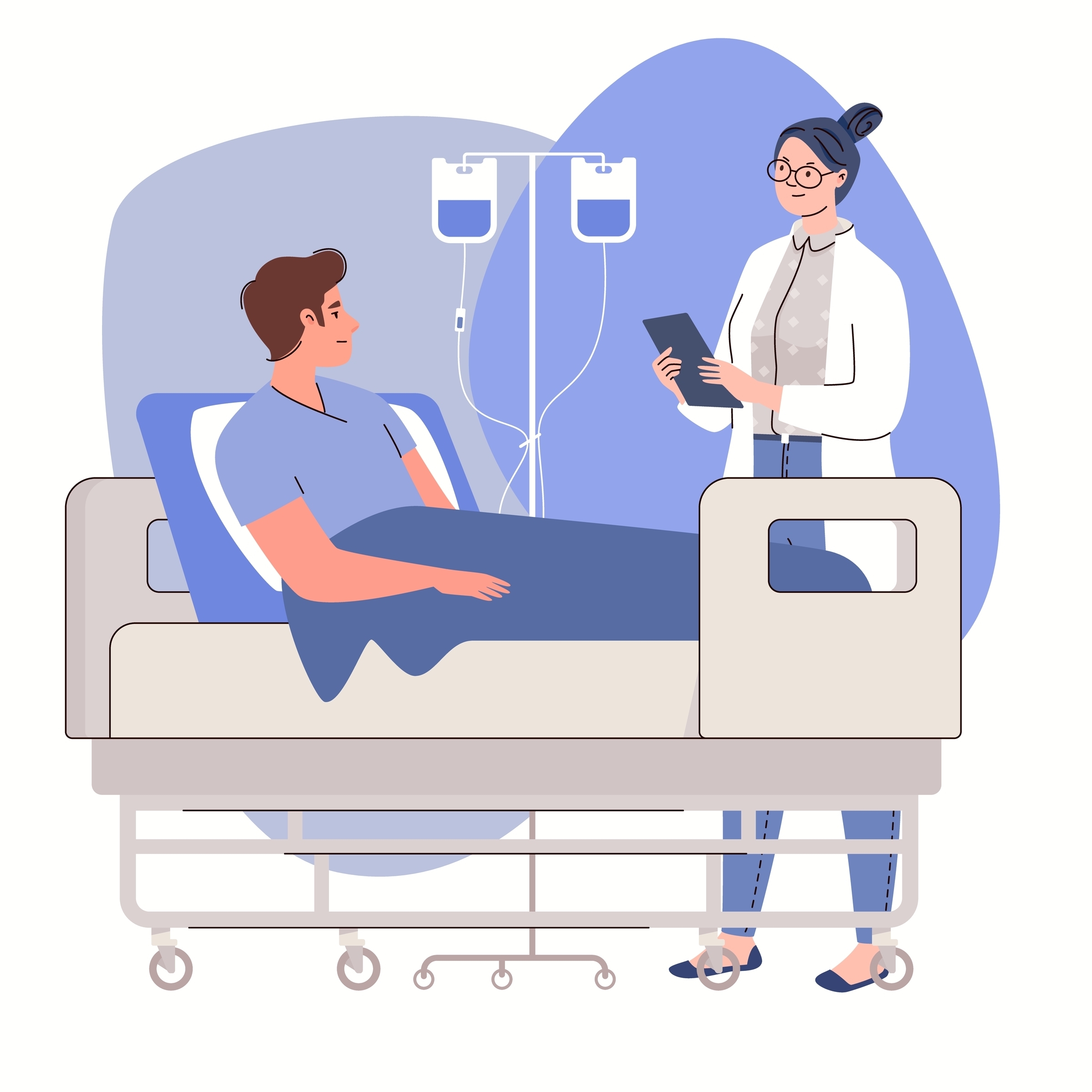 Doctor,Is,Talking,To,Sick,Young,Man,Lying,In,Hospital illustrasjon relatert til behandlingsavklaringer. Pasient ligger i en seng, med en doktor stående ved siden av med skjema.