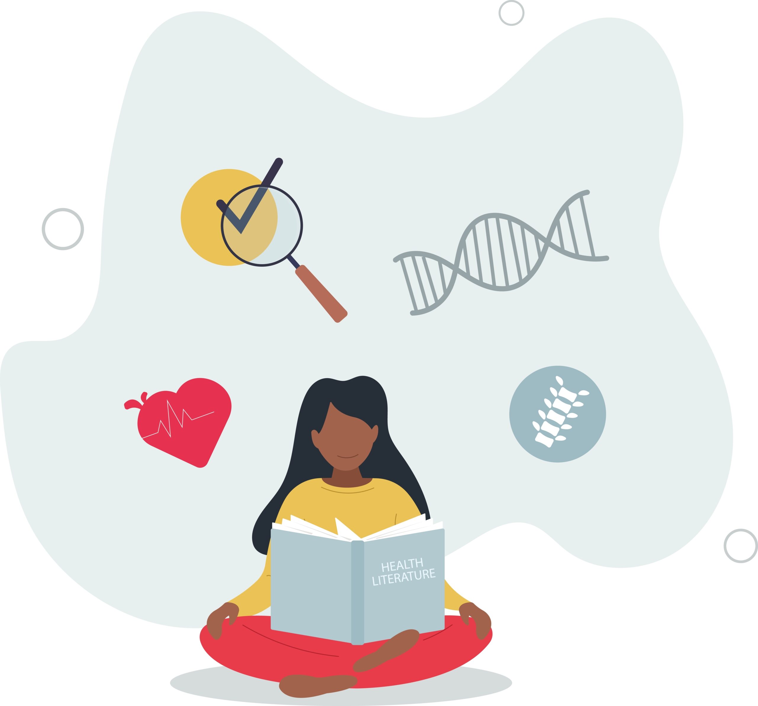 Health,Literacy,And,Medical,Healthcare,Education,Book,.reading,About,Medicine, illustrasjon på omhandlende helsekompetanse. Jente stiter med bok, med svevende figurer relatert til helse rundt seg