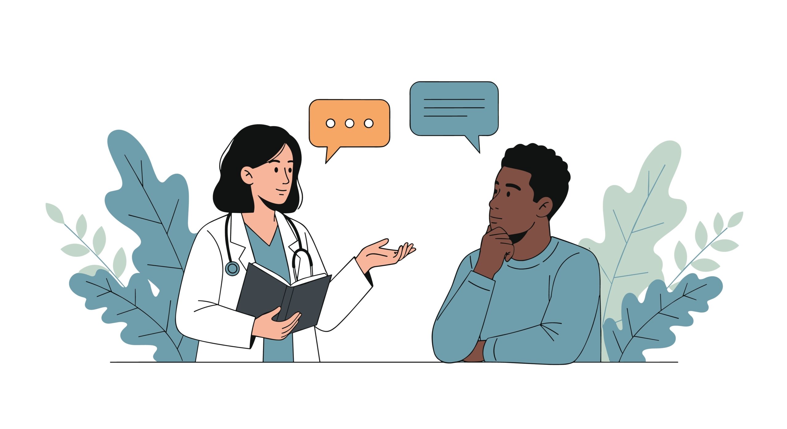 Doctor,Patient,Consultation,And,Medical,Advice,Discussion illustrasjon av kvinne og mann i dialog om helserelaterte temaer. Snakkebobler og planter sverver rundt