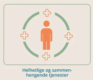 En figur av ett menneske med en sirkel rund, tekst der det sår helhetlige og sammenhengende tjenester