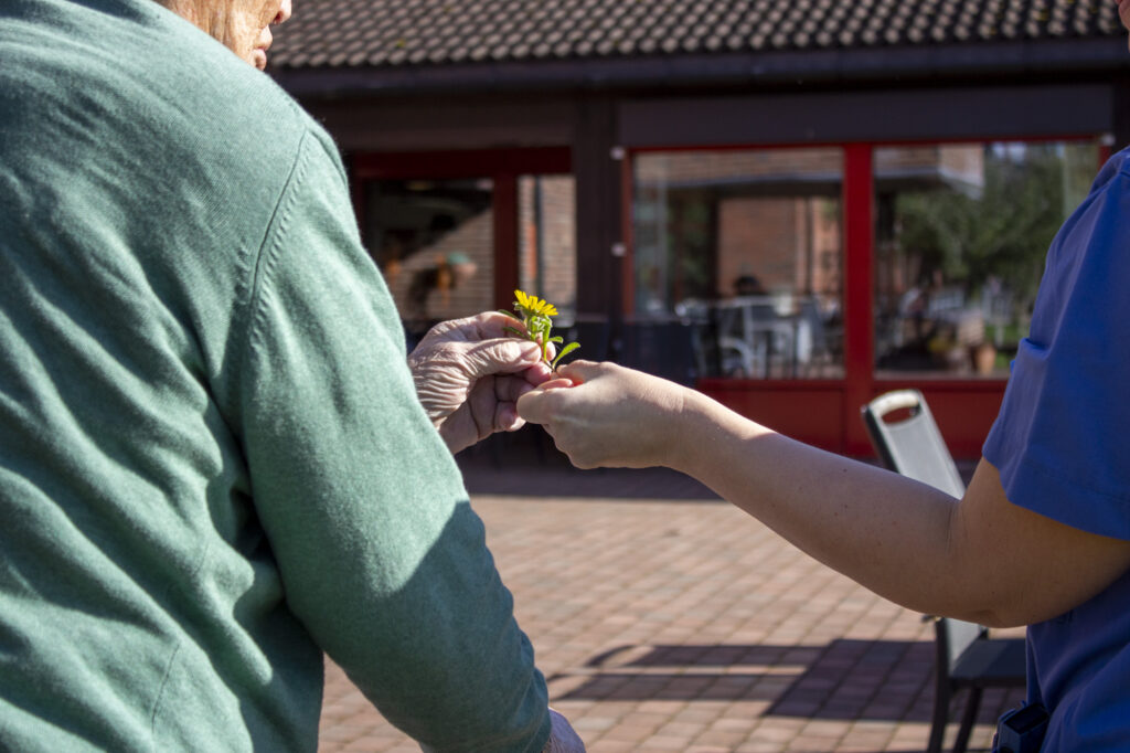 Eldre person og pleier holder i en gul blomst sammen.