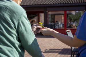 Eldre person og pleier holder i en gul blomst sammen.