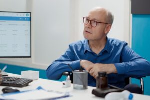 Mann i rullestol snakker med lege på kontor