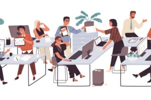 Illustrasjon av mennesker jo jobber i et kontorlandskap