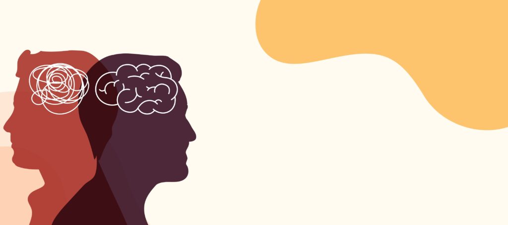 Illustrasjon av to hoder, der den ene har omriss av en hjerne og den andre har en hjerne som ser ut som en krusedull.