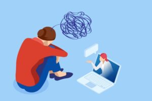 Illutrasjonsbilde av kvinne sittende på huk med en mørk ball med streker over seg. Kvinnen sitter forran en laptop hvor det i skjermen vises en kvinnelig hvitkledd person med en snakkeboble. Bildet ment å illustrere digital terapi.