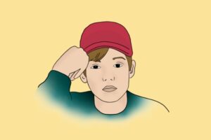 Illustrasjon av gutt som ser tankefull ut, på gul bakgrunn