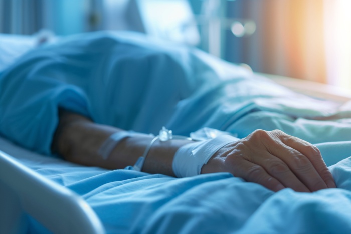 Eldre person i seng med veneflon