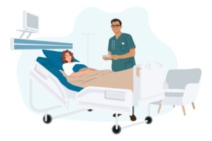 Illustrasjon av pasient i seng og lege