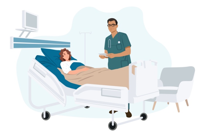 Illustrasjon av pasient i seng og lege