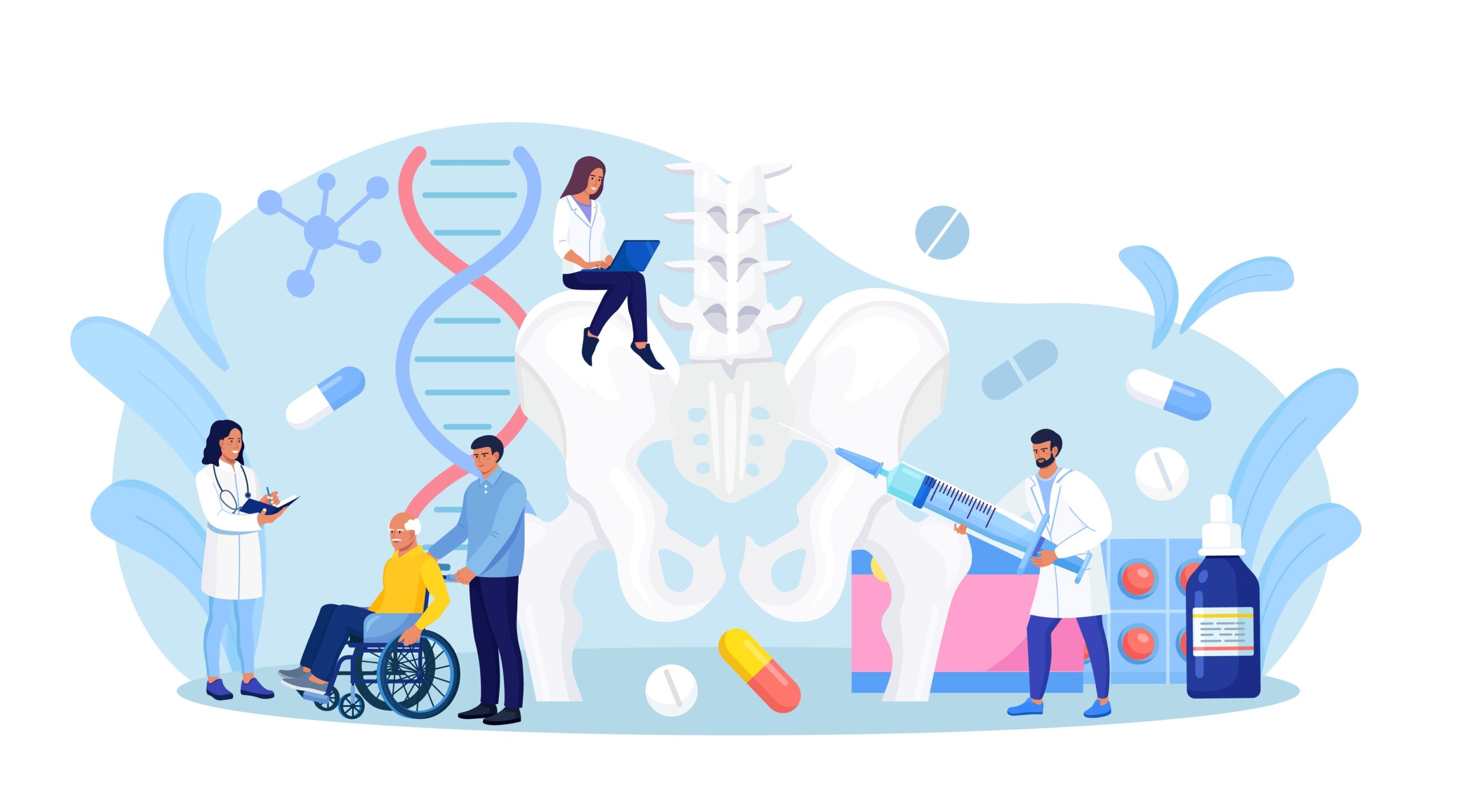 illustrasjon med tema hoftebrudd. Små leger rundt en anatomisk hofte. De holder i sprøyter, pleier en pasient i rullestol, det er tegninger av piller og annen medisin