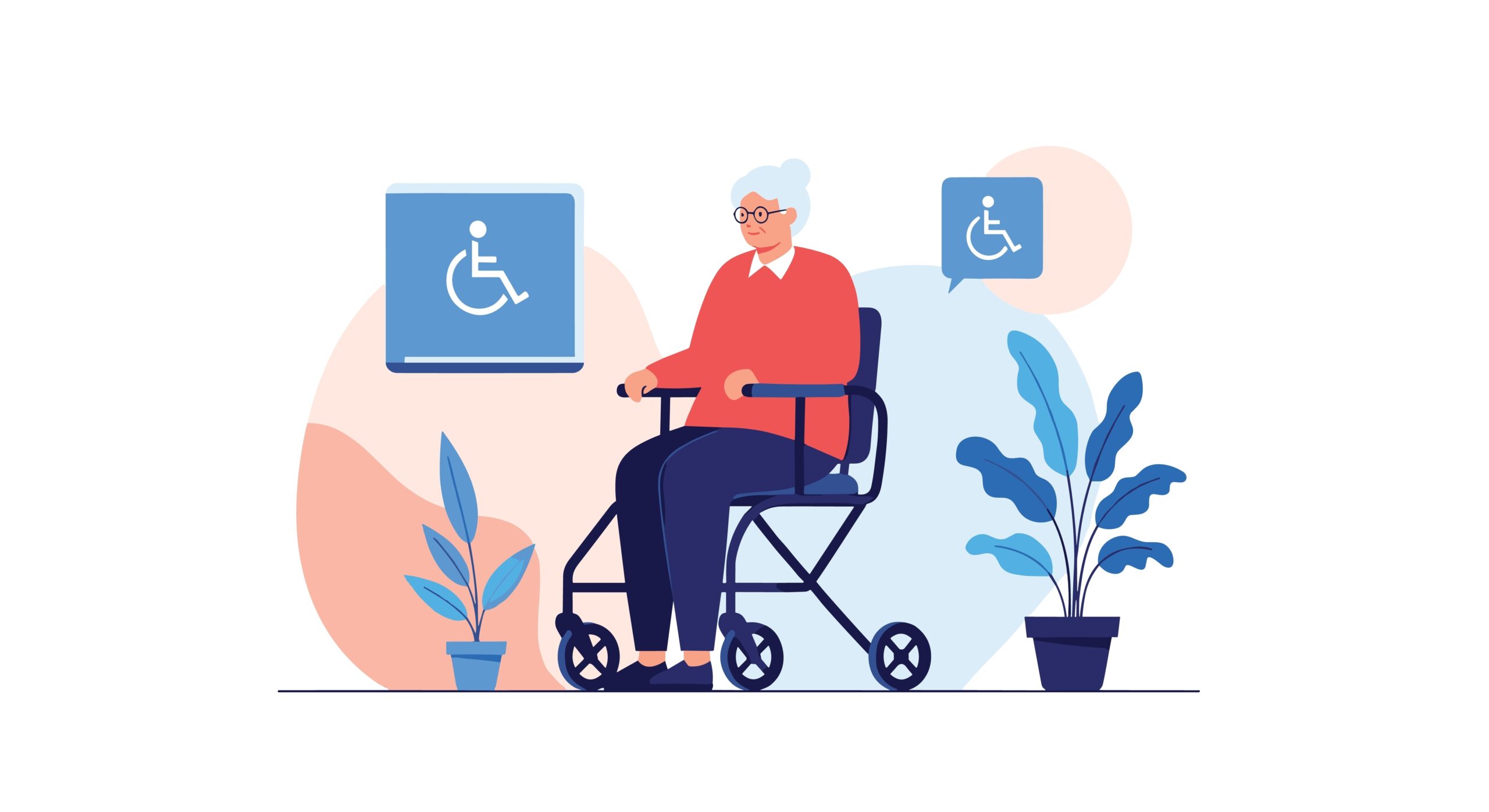 illustrasjon av eldre kvinne i rullestol, geriatri