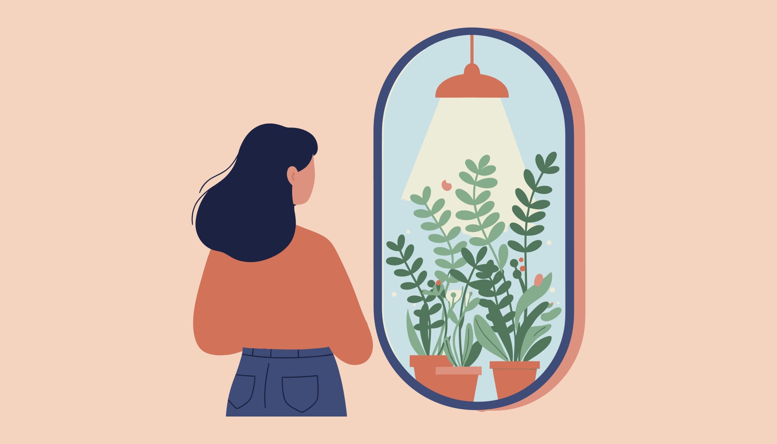 Illustrasjon av kvinne med ryggen til, seende inn i et speil hvor planter belyst av en lampe reflekteres