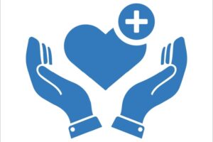 Illustrasjonsbilde av blått hjerte med to blå hender rundt på hver side. I høyre del av hjørnet er det er kryss, symbolsk for helse. Bildet ment å illustrere palliasjon.