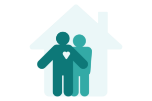 Illustrasjon av to personer plassert inni et hussymbol. Den ene personen har et hjertesymbol plassert ved brystpartiet.
