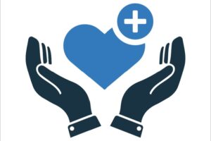 Illustrasjonsbilde av blått hjerte med to sorte hender rundt på hver side. I høyre del av hjørnet er det er kryss, symbolsk for helse. Bildet ment å illustrere palliasjon.