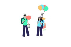 Mann og dame som står ved siden av hverandre. Mannen blåser opp en ballong, kvinnen har flere ballonger festet i ryggsekken.