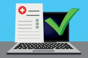 Illustrasjon av en pc, med en liste, som har grønn avhukning