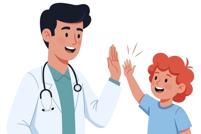 Illustrasjon av smilende lege og barn high-fiving.