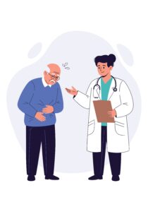 Illustrasjon av en eldre mann som snakker med en doktor.