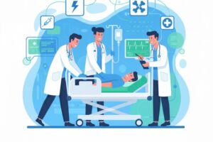 Illustrasjon medtre leger i hvit frakk rundt en sykeseng med syk pasient