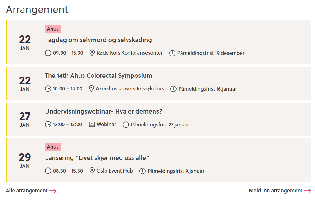 Skjermdump: Arrangementskalenderen til Kompetansebroen, januar 2026