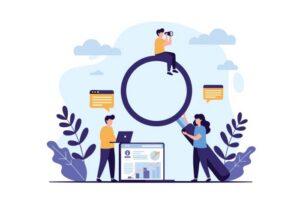 Profesjonelt team som utfører forskning og analyse ved hjelp av gigantisk forstørrelsesglass og bærbar PC for datadrevet forretningsinnsikt.