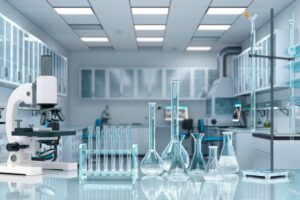 Illustrasjonsbilde av et laboratorium med forskjellig utstyr, deriblant reagensrør og kolber.