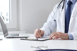 Illustrasjonsbilde av lege sittende å skrive på et papir med en laptop forran seg, ment å illustrere henvisning.